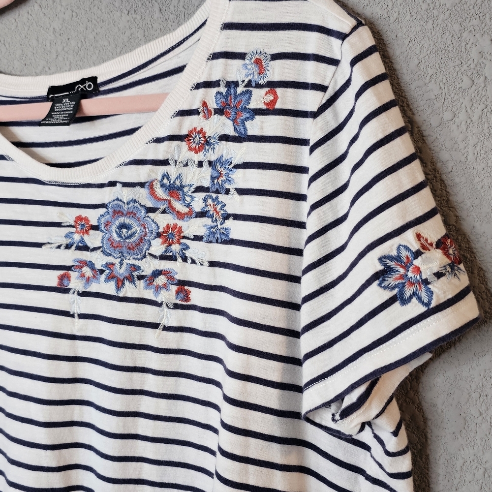 RXB Striped Shirt Womens XL Floral Embroidery RED WHITE BLUE American‎ Nautical